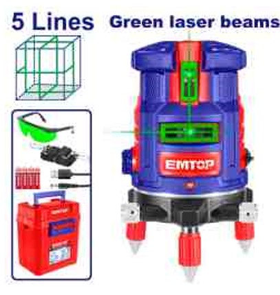 Self-Leveling Line Laser Green Laser, 0-30m Working Range, 1 Horizontal + 4 Vertical Lines, ±1.0mm Levelling Accuracy